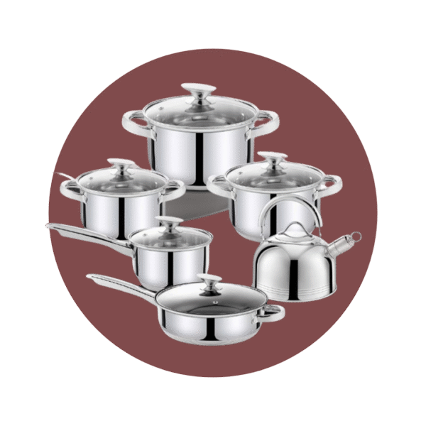 SET DE OLLAS ACERO INOX +TETERA CTAPA VIDRIO 12 PZS