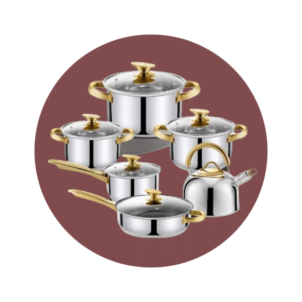 SET DE OLLAS ACERO INOX + TETERA C/TAPA VIDRIO MANGO DORADO 12PZ